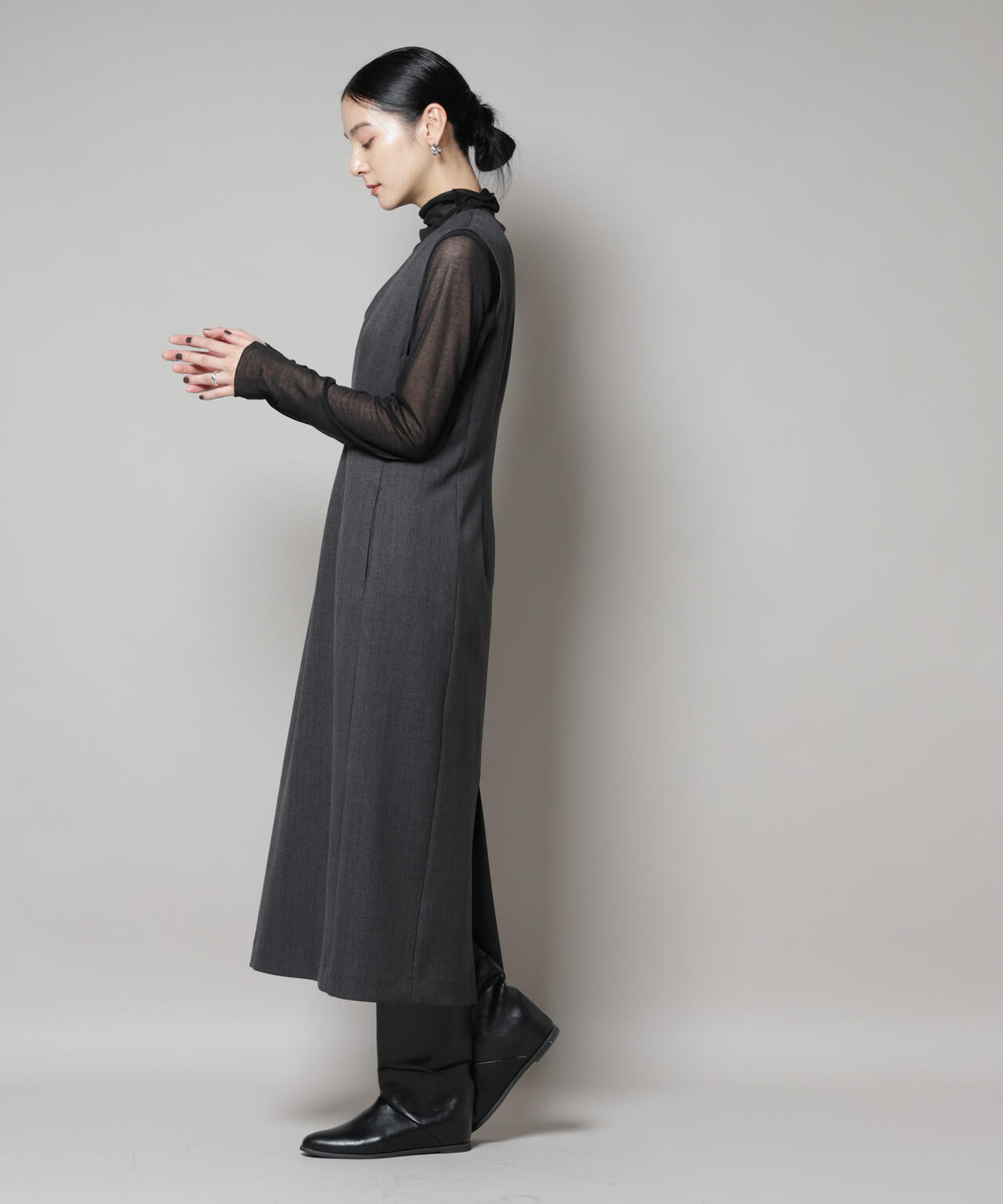 ストレッチサージチェックVネックワンピース(セットアップ可) | NANO