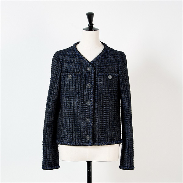 CHANEL ノーカラー ツイード ジャケット 36 ブラック ネイビー