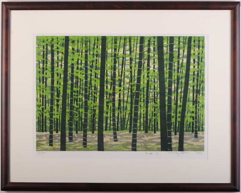 木版画で藤田不美夫が制作した和の絵の木版画「竹林・B」