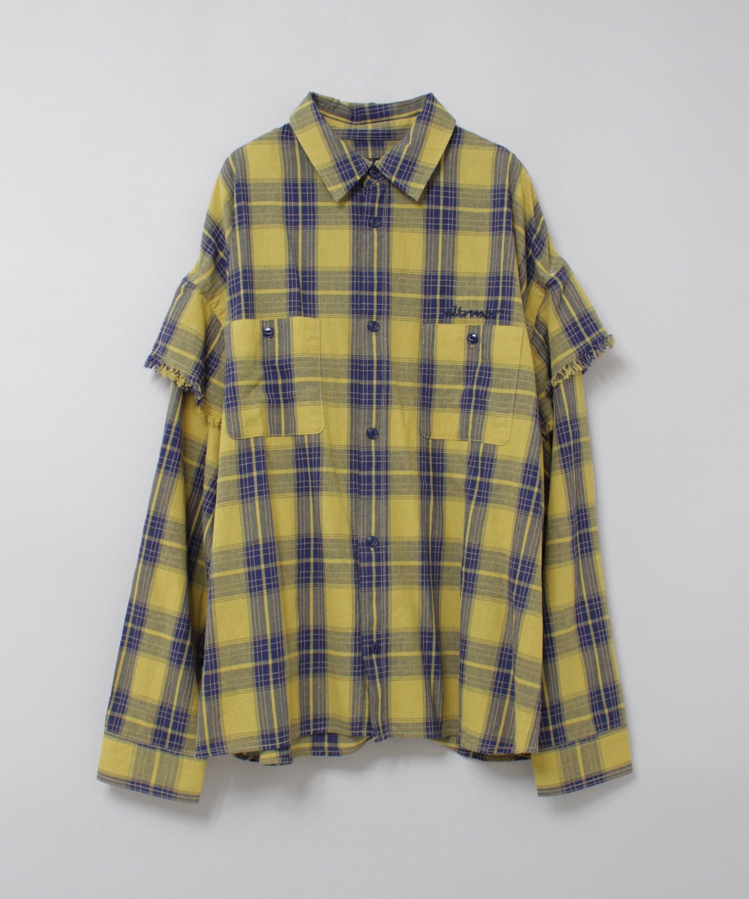 B2941 レイヤードスリーブチェックシャツ(M イエロー/ネイビー