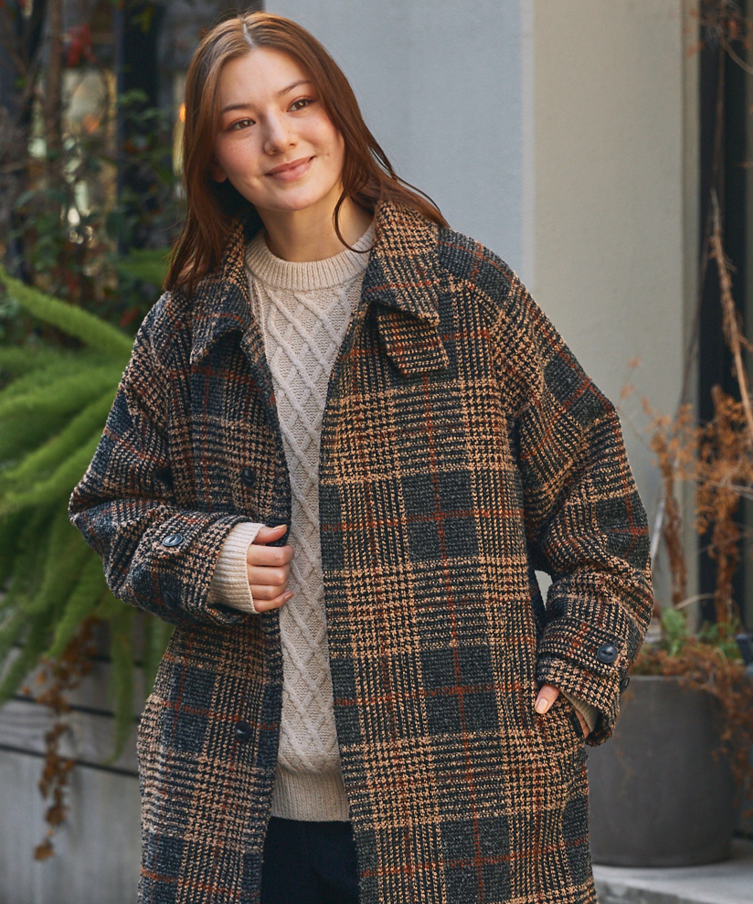 テックツイード ラグランオーバーサイズステンカラーコート / UVカット