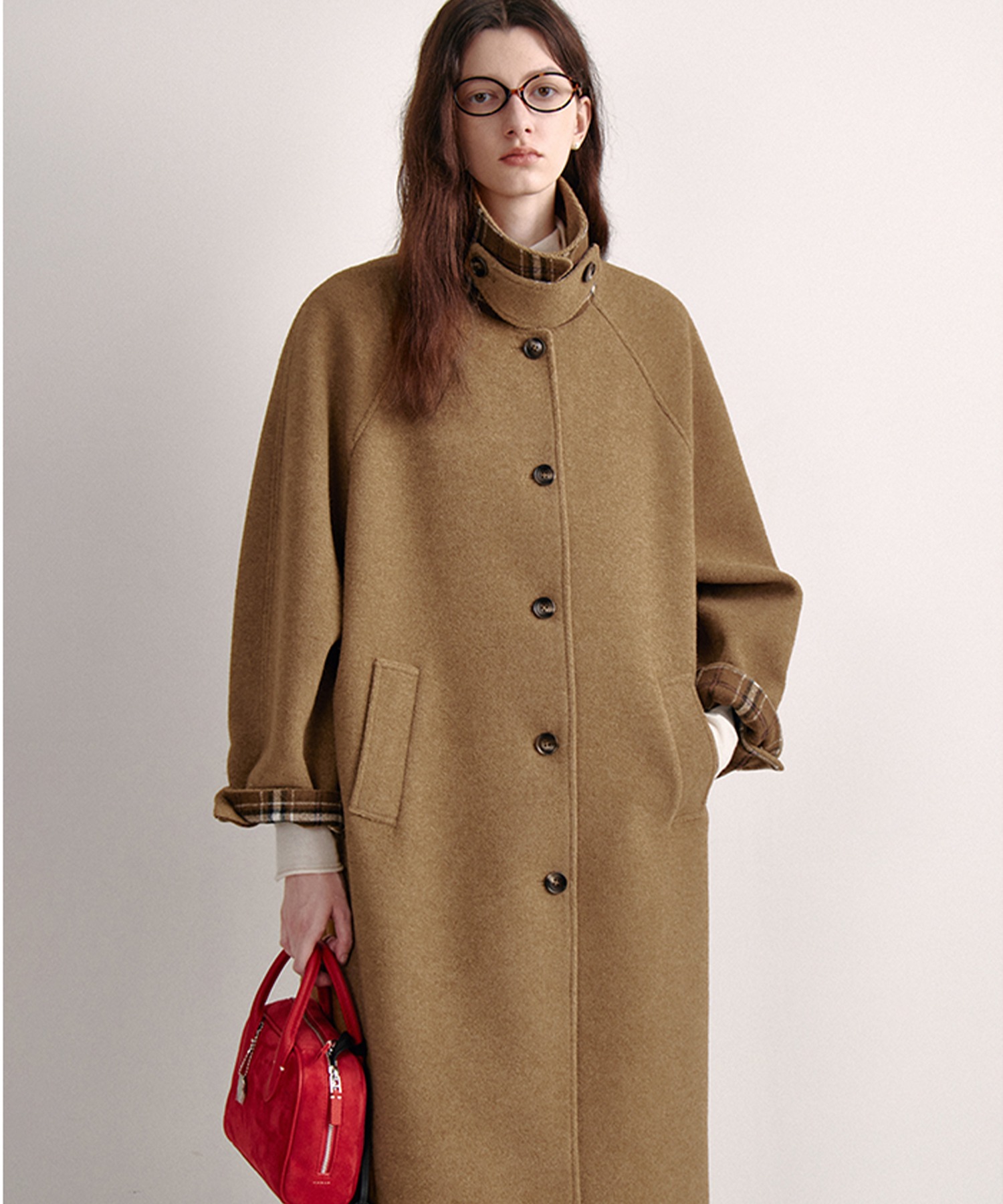 チェック柄 スタンドネック ステンカラーコート FD24W382【Fano