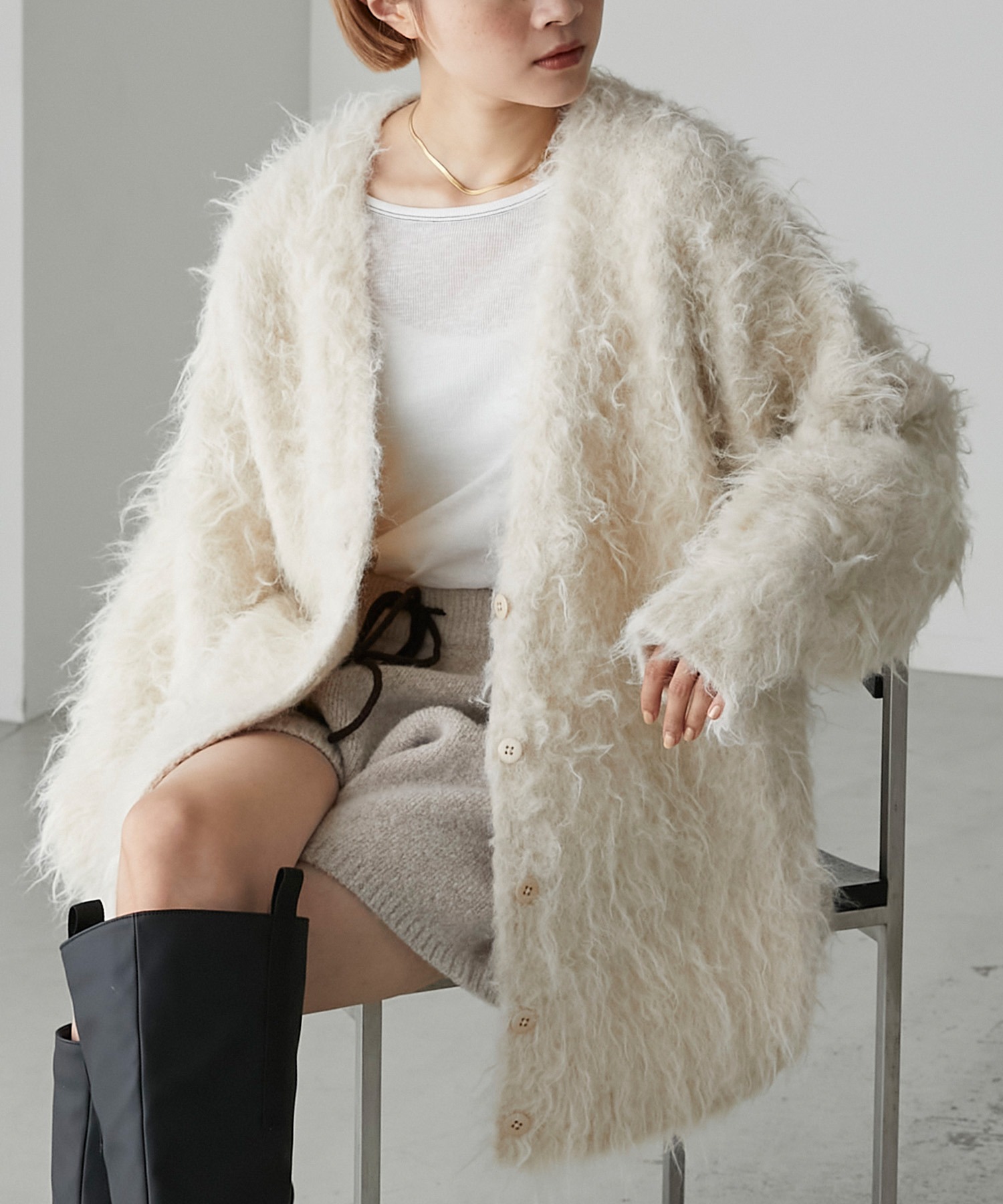 forksy.】モンスターシャギーニットルーズVネックカーディガン forksy