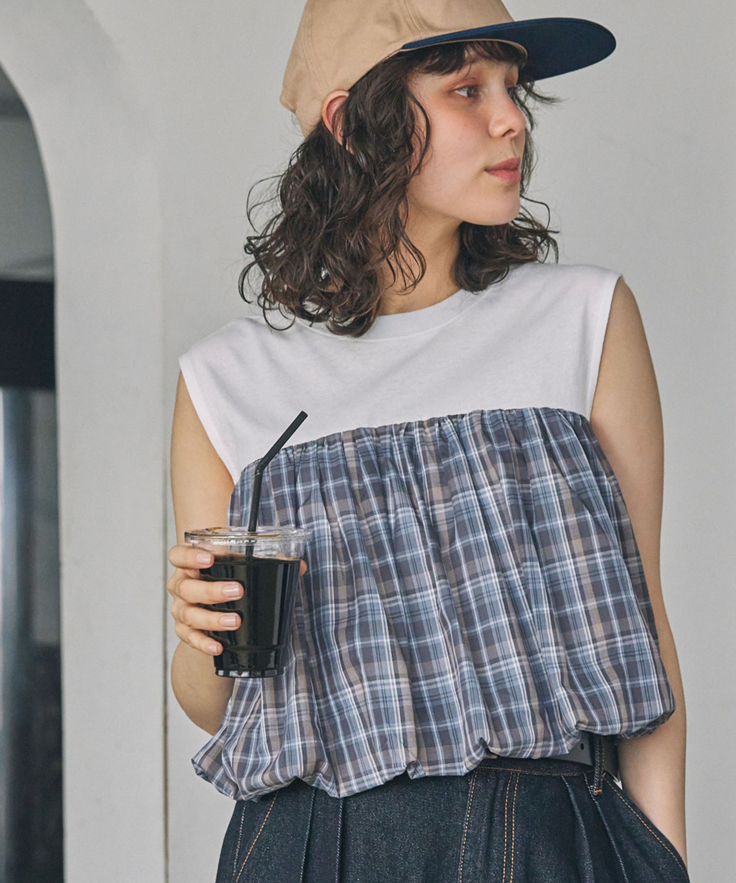 チェック柄 バルーンデザイン 切り替え タンクトップ MONO-MART LADY'S