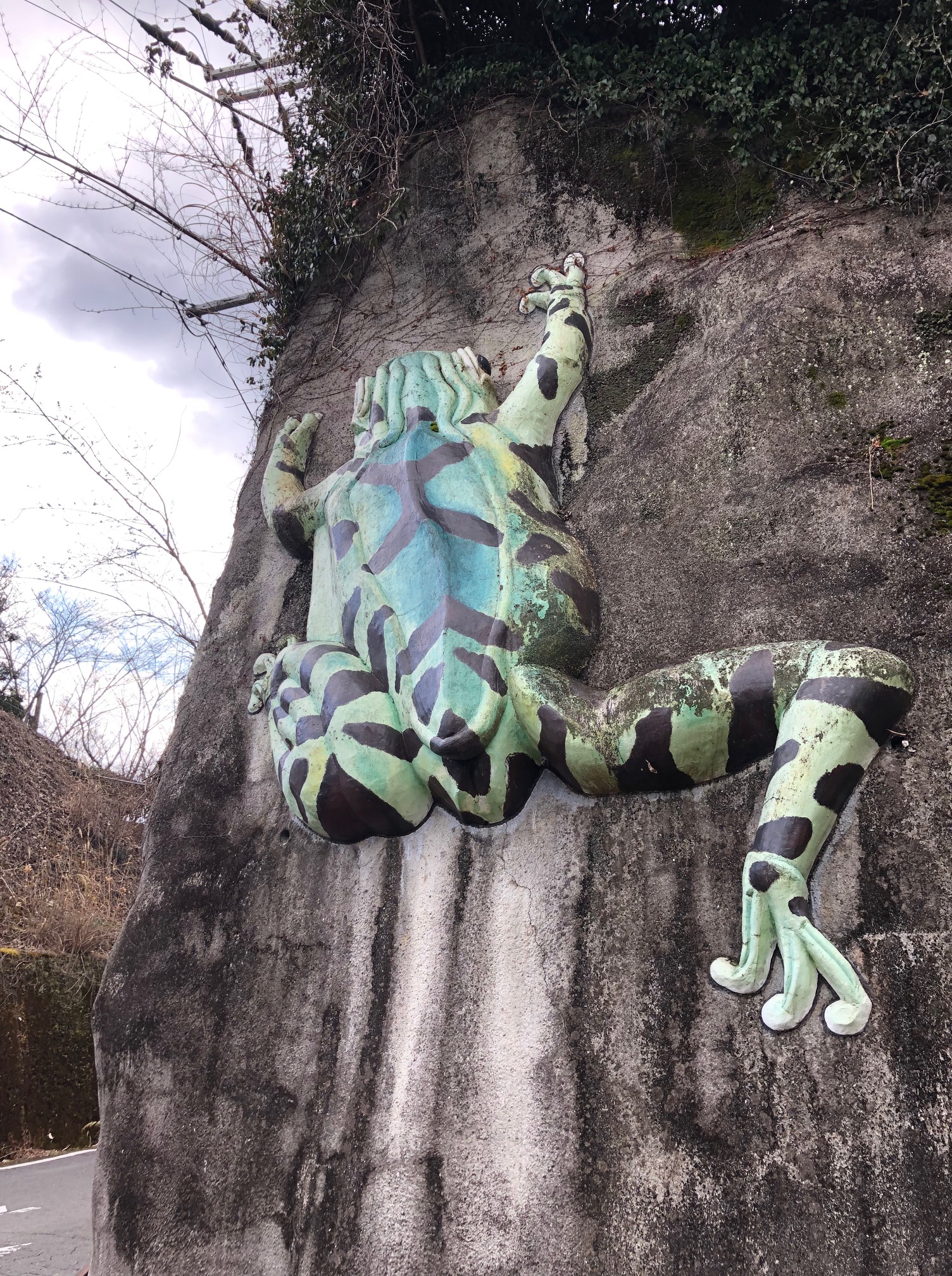 大きなカエルが壁にはりついているドライブイン | カースポット岩出