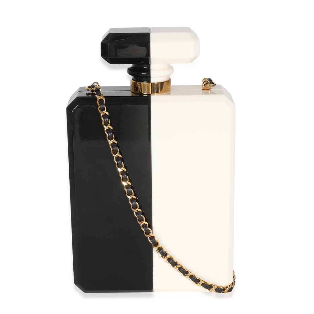 Chanel White Black Plexiglass Perfume Bottle Clutch | myGemma