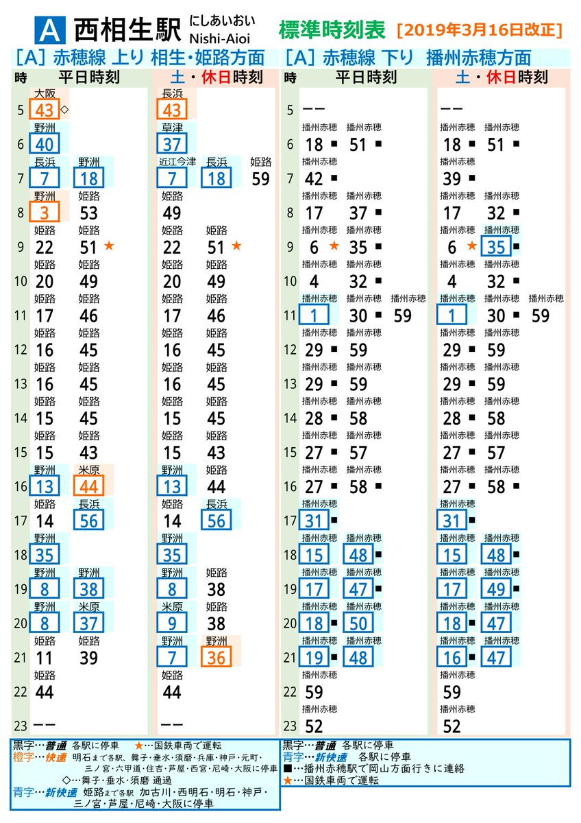 JR赤穂線 西相生駅 時刻表 2019年3月16日改正版 自作です！ どうぞ使っ