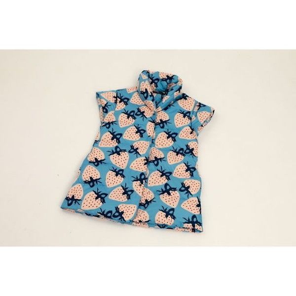 西川 マタノアツコ ストロベリー 柄 ダウンベスト 羽毛小物 ブルー M-L