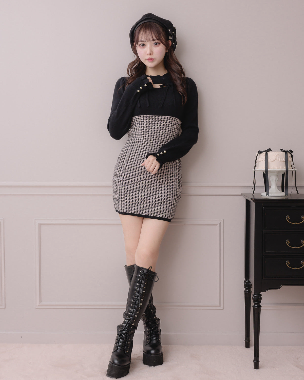 カットアウト千鳥柄ニットワンピース – pium