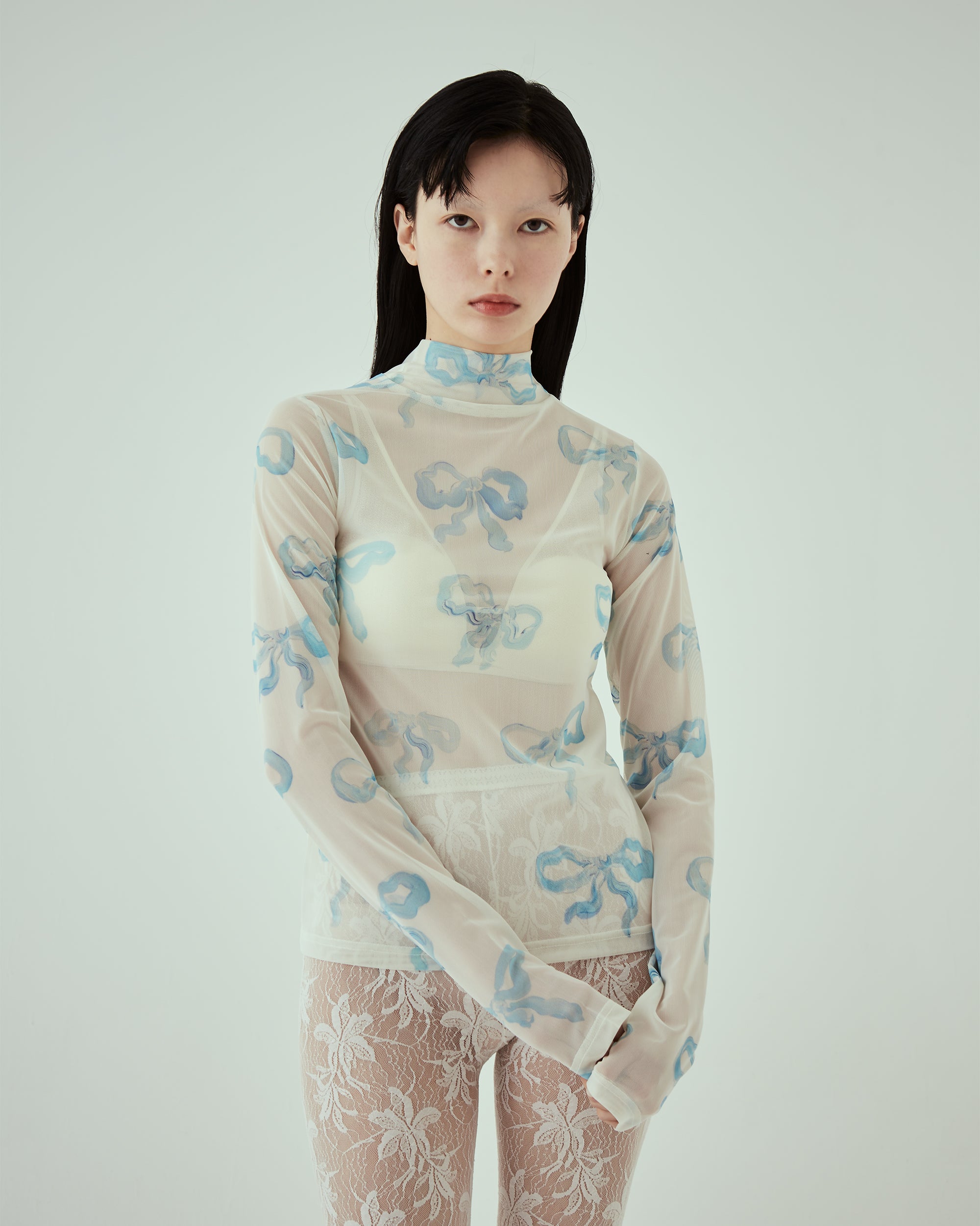 Baby blue ribbon see-through tops (High neck)