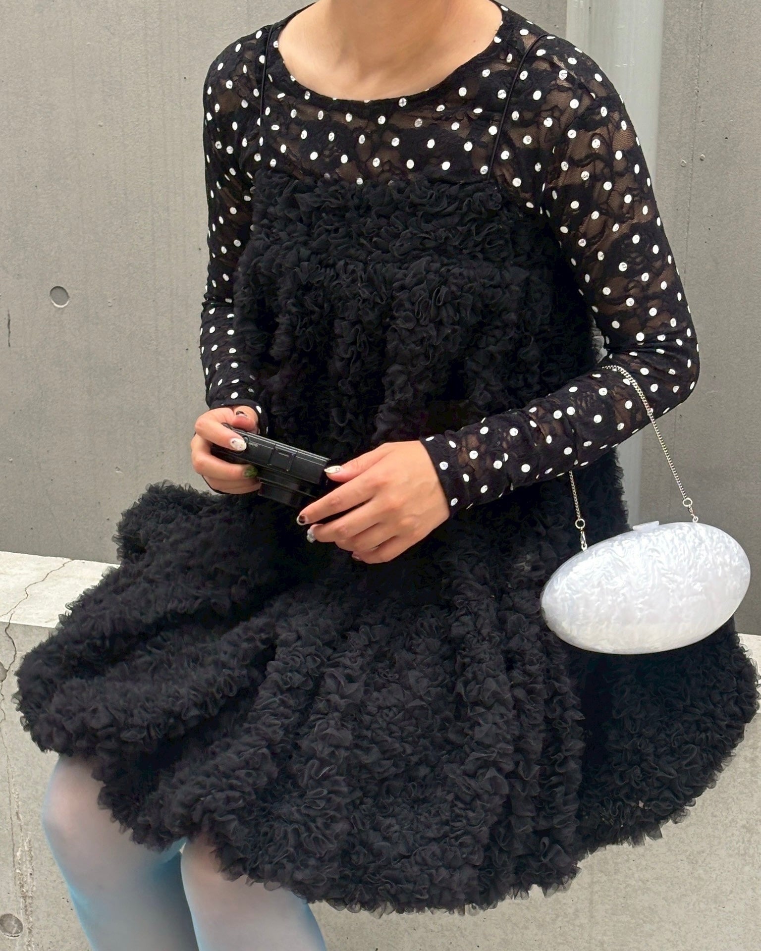 Dot lace see-through top (round neck) black