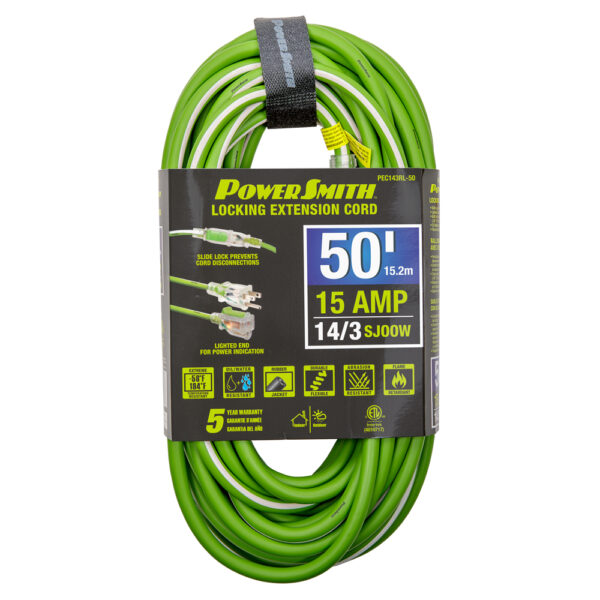 50' (15.2m) 14/3 AWG RUBBER JACKET LOCKING EXTENSION CORD-15AMP