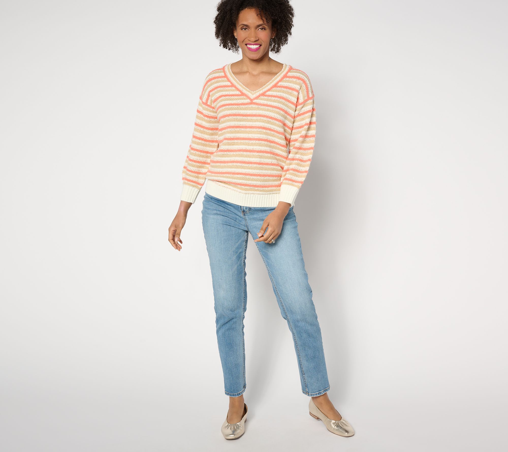 Isaac Mizrahi Live! 3/4 Sleeve Textured Multi Stripe Sweater - QVC.com