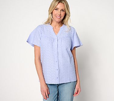 Denim & Co. Allover Embroidered Flutter Sleeve Cotton Blouse - QVC.com