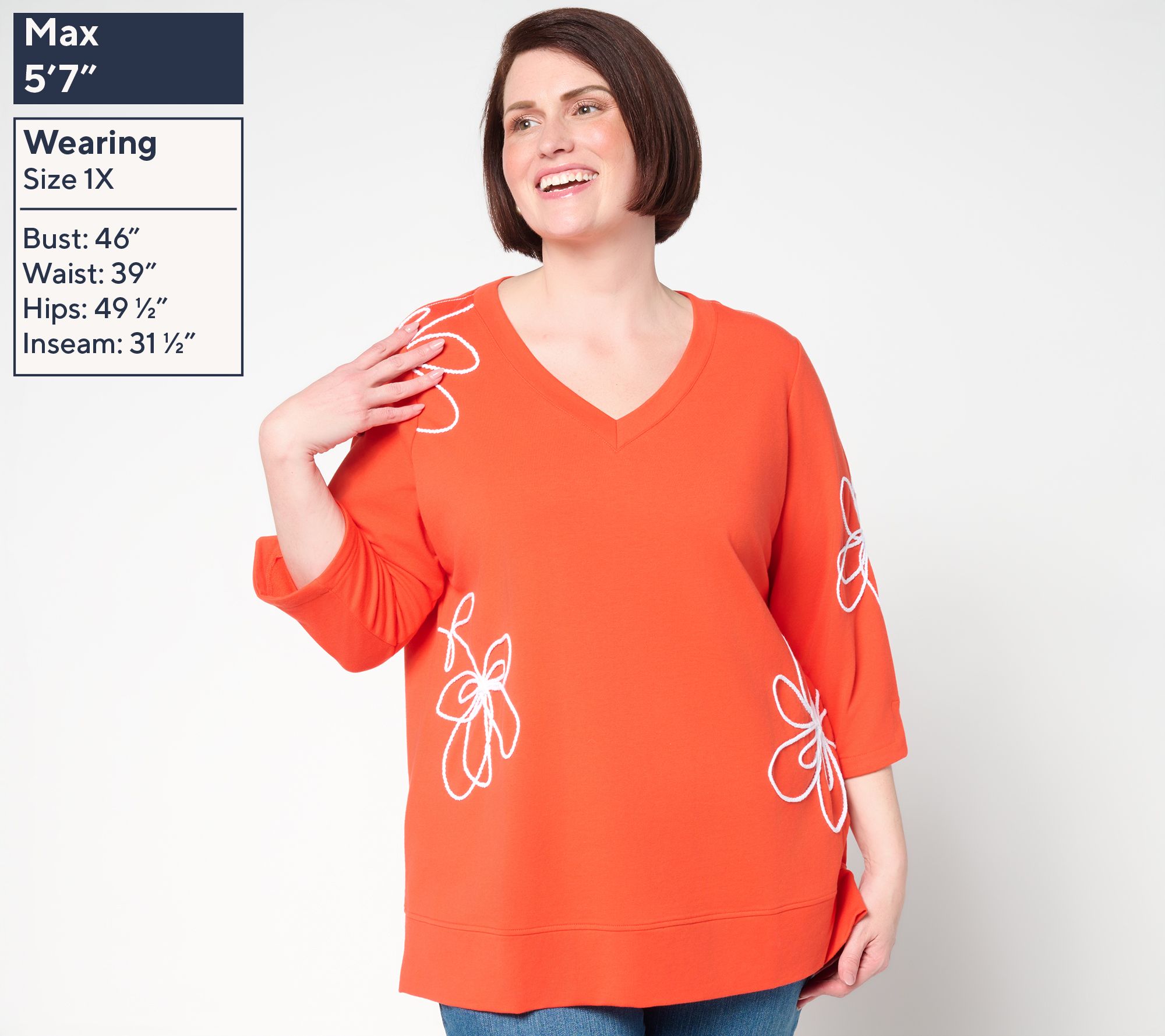 Sport Savvy French Terry V-Neck Top with Floral Soutache - QVC.com