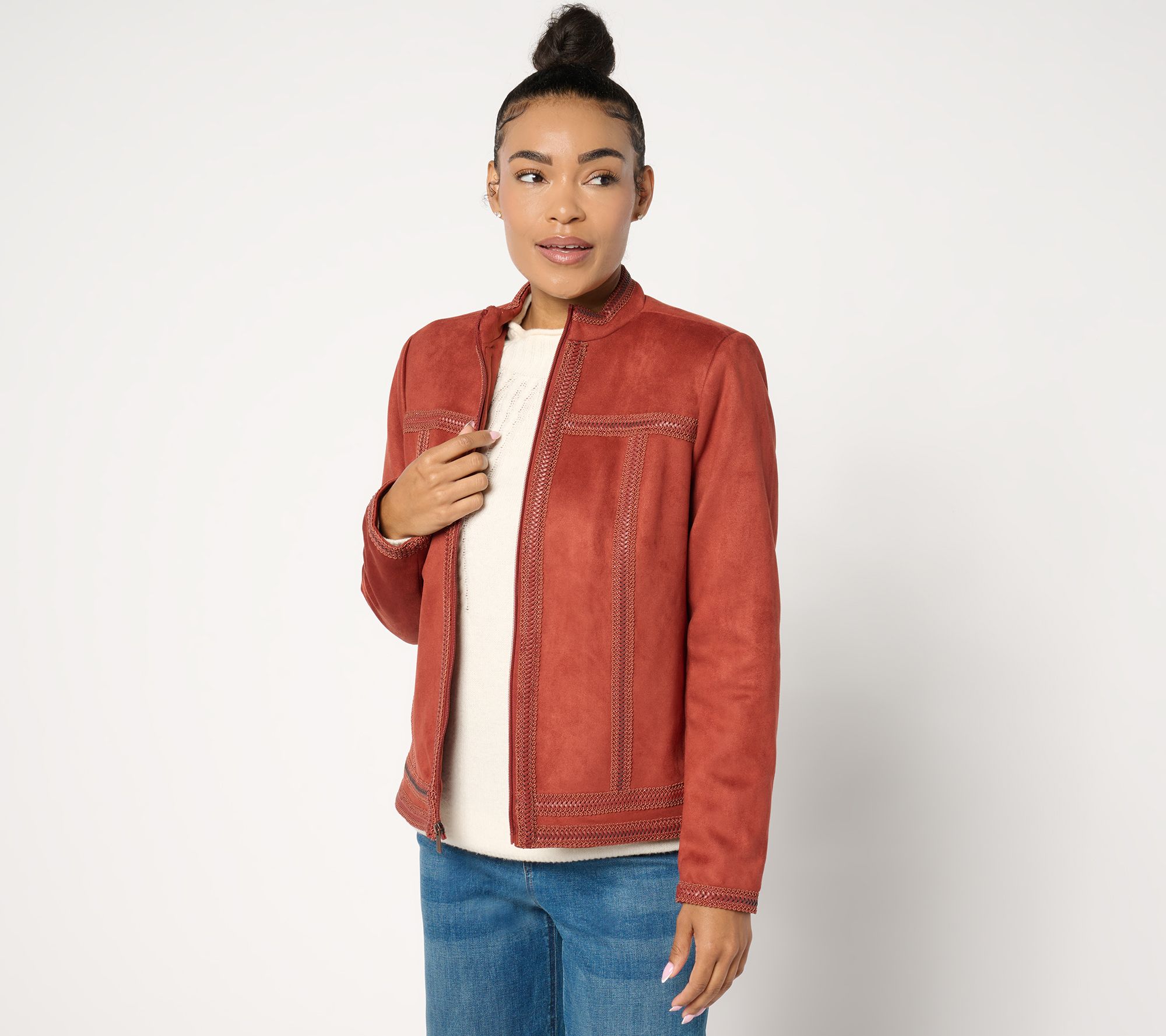 Denim & Co. Archives Faux Suede Jacket with Crochet Trim - QVC.com