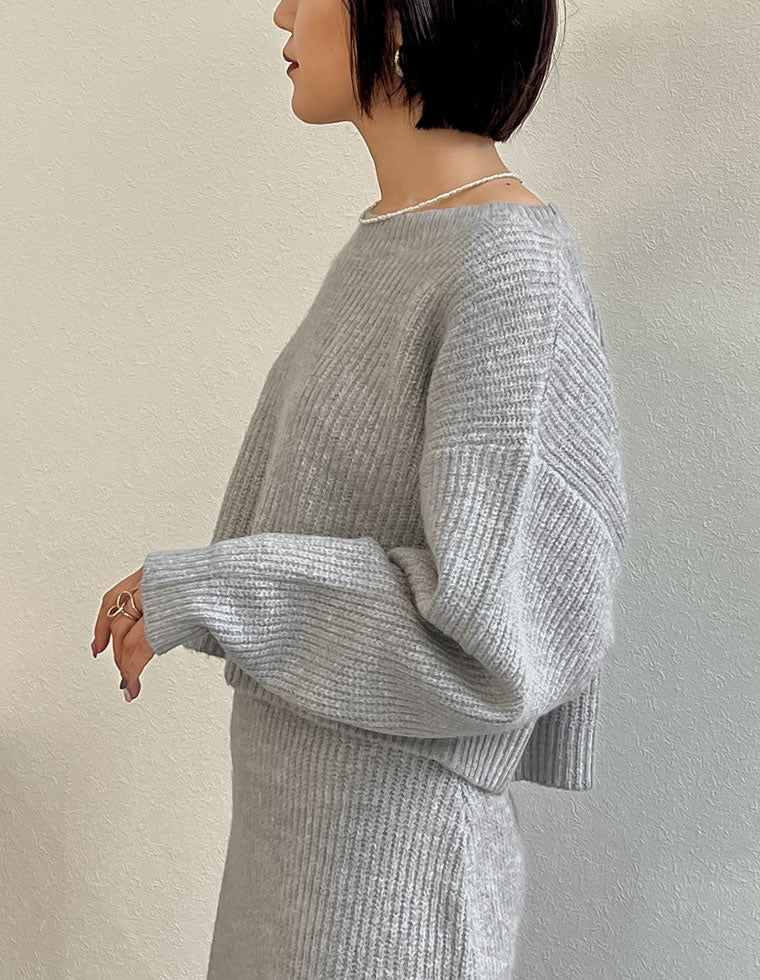 ボリュームスリーブショート丈MIXニットプルオーバー - トップス通販