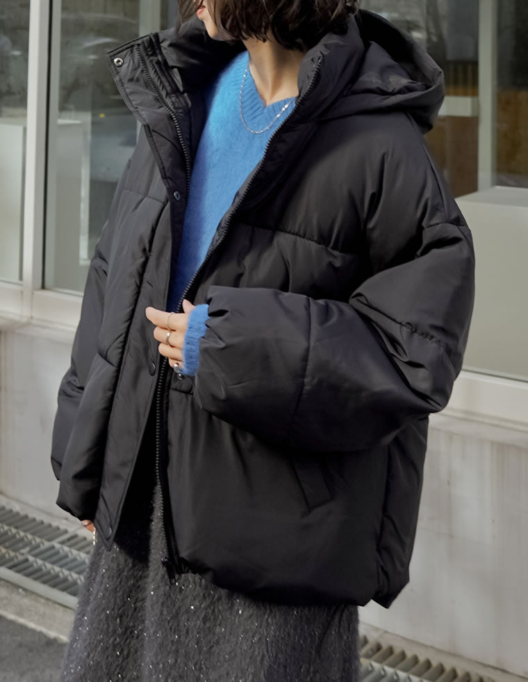 フード付きスタンドカラーフェイクダウン中綿ジャケット - ジャケット