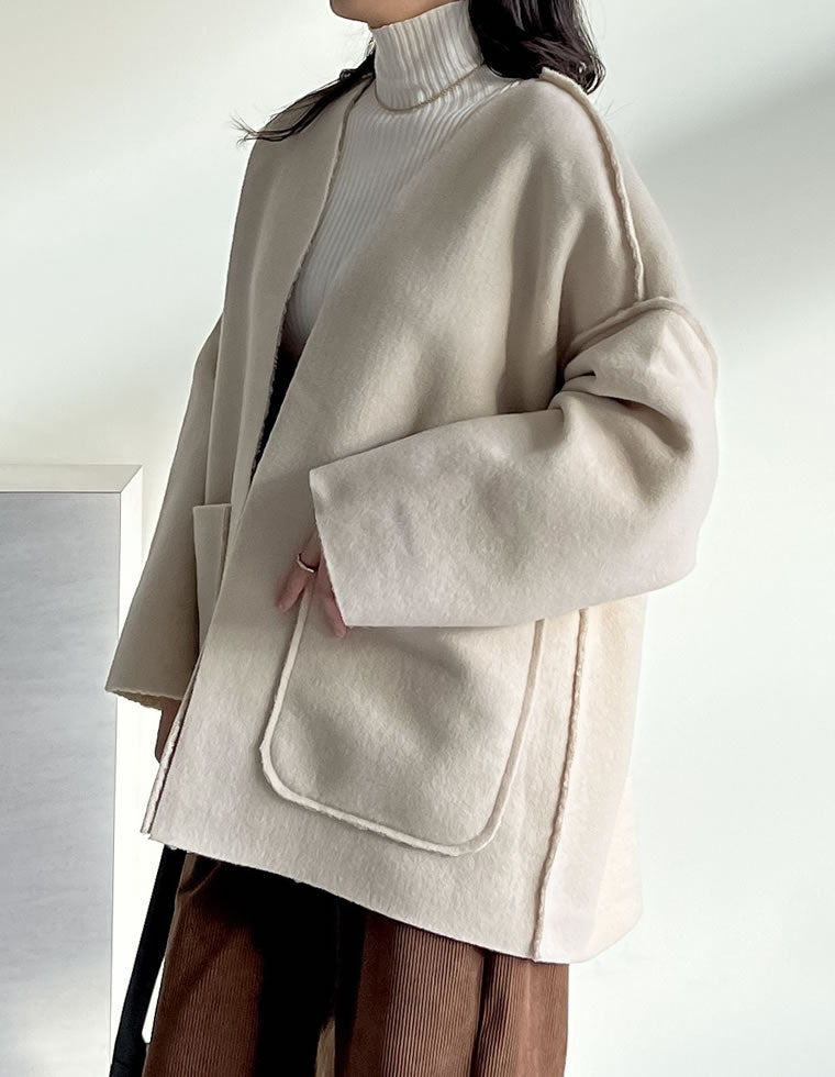 リバーシブルフェイクウールorシープライクボアノーカラーミドルコート