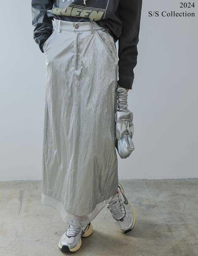 メタリックフェイクレザー×オーガンジータイトスカート - スカート通販