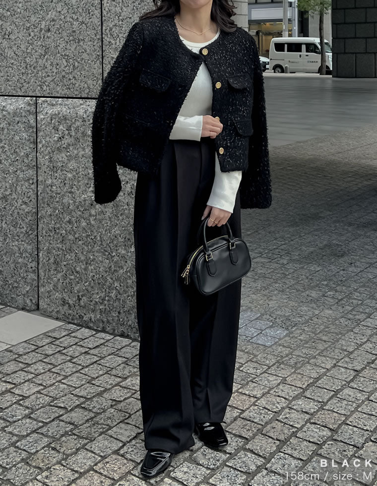 ボアリボン金釦ノーカラーツイードジャケット - ジャケット/アウター