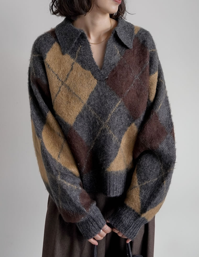 キーネックアーガイルモヘアニットトップス - トップス通販 | 人気