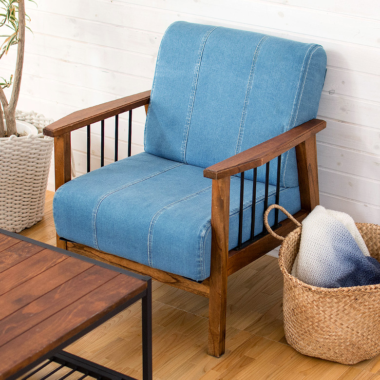 デニム ソファ 一人掛け 木製 アイアン 肘付き 91187 【生活雑貨の