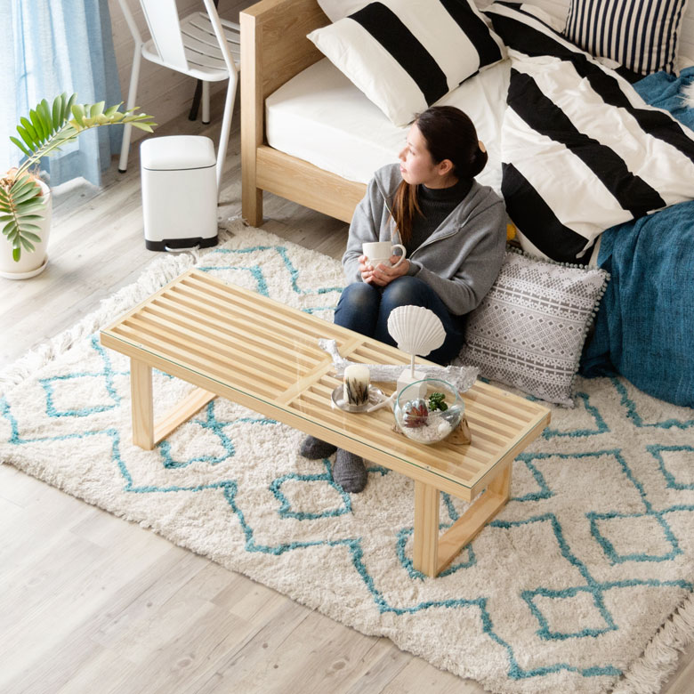 ローテーブル 木製 強化ガラス天板 幅115cm 奥行39cm スリム [91204