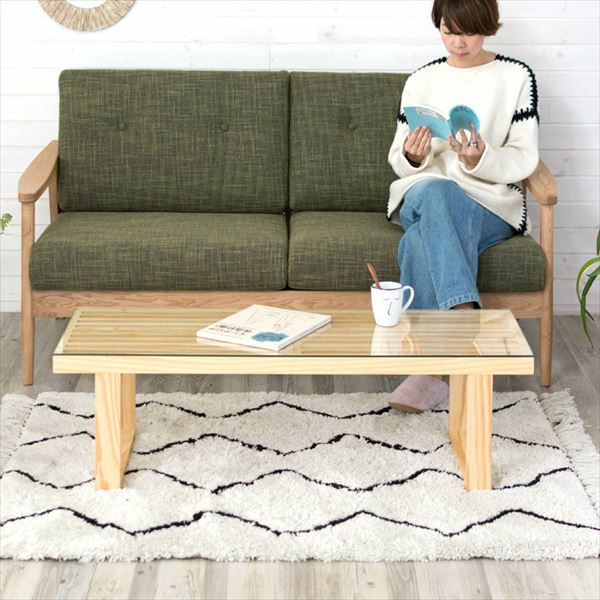 ローテーブル 木製 強化ガラス天板 幅115cm 奥行39cm スリム [91204
