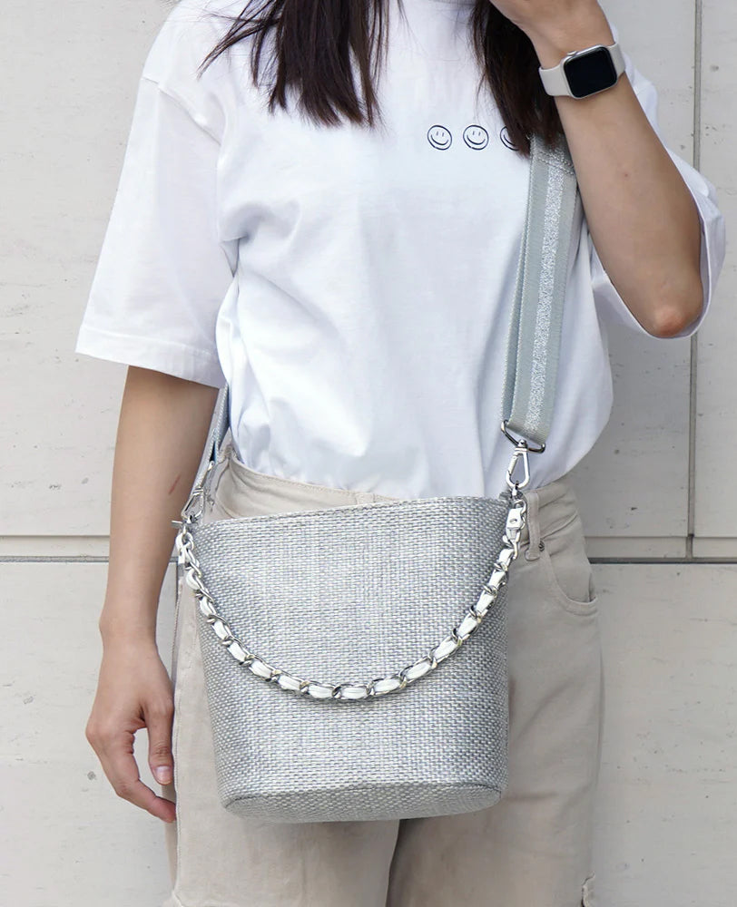 2WAY バケツ型 ラフィア調かご素材バッグ チェーンハンドル付 1809-ra