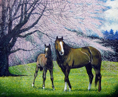 上鈴木正一 油彩画 F3号程度『早朝の厩にて』NY個展開催記念作品 超