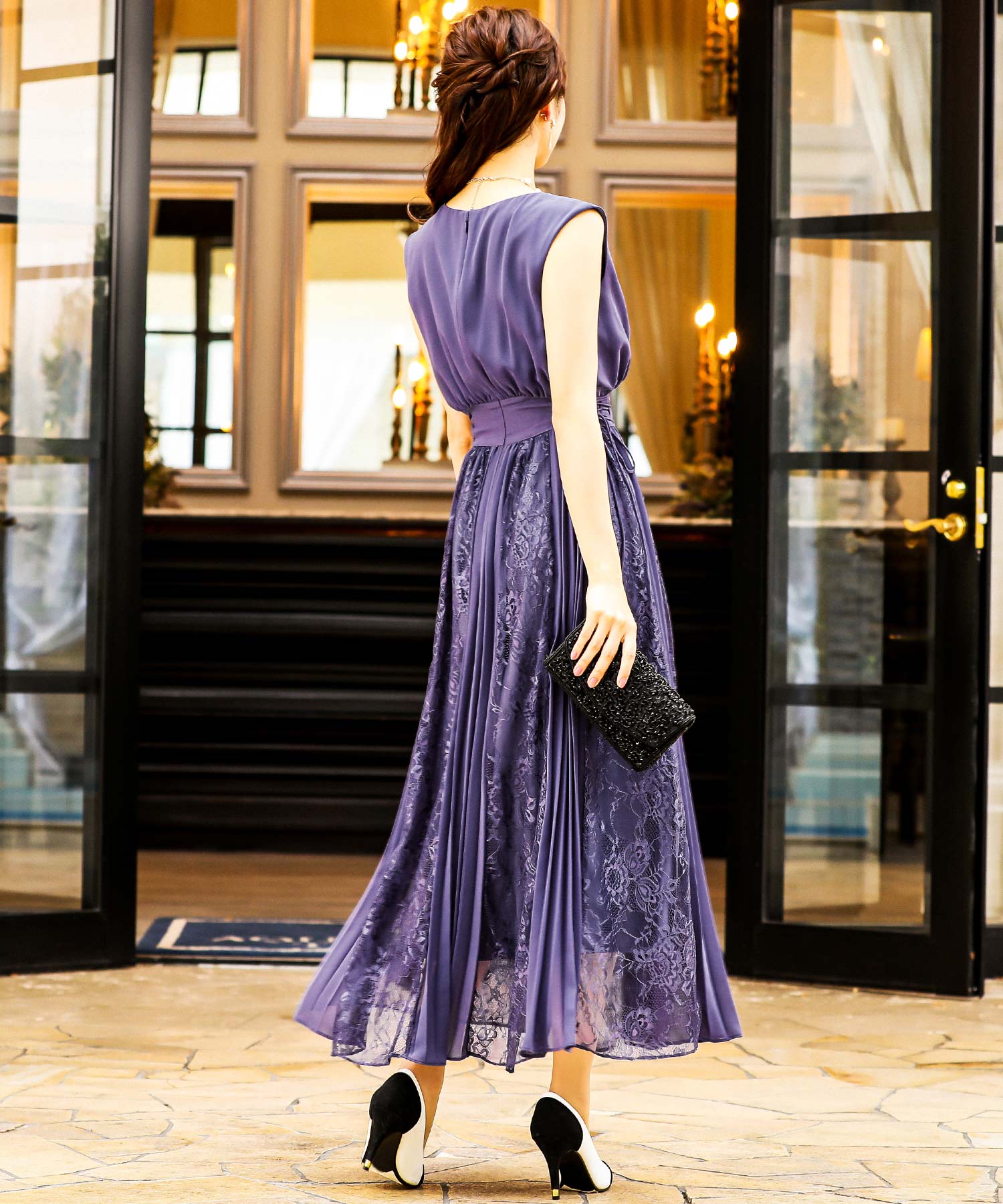 レース×プリーツスカート切り替え 結婚式ワンピース パーティードレス