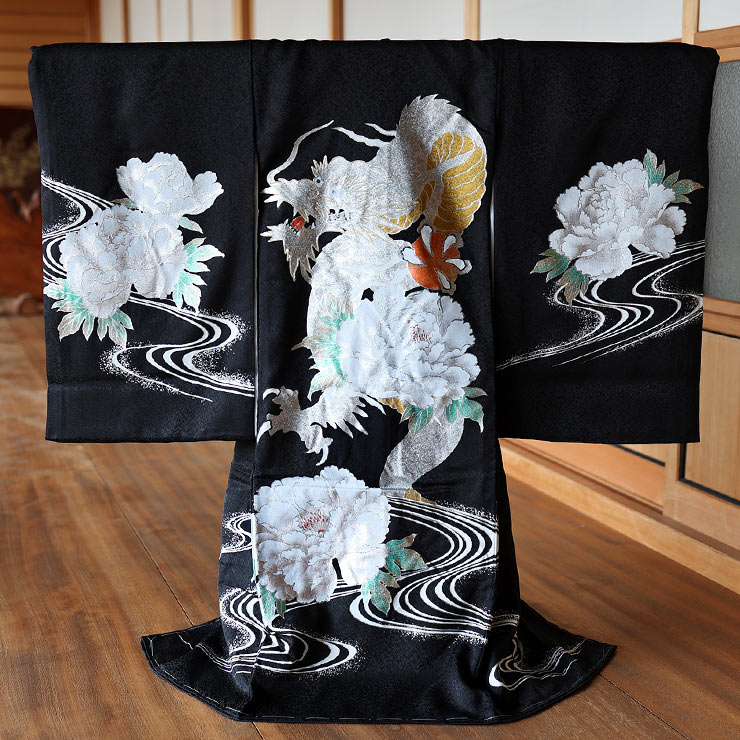 正絹 お宮参り 男の子 初着 産着 龍 牡丹 黒色 ブラック 竜 ドラゴン