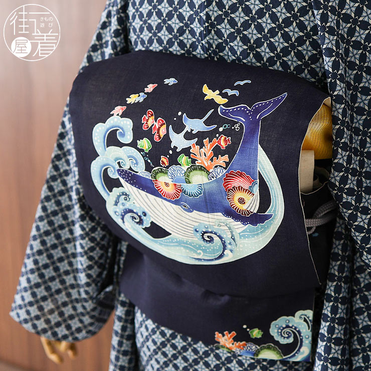 夏帯 夏 名古屋帯 クジラの海 紺色 日本製 ネイビー ブルー 藍色 魚