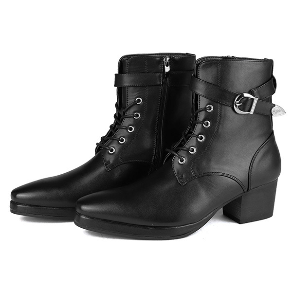 ブーツ メンズ ヒール ショート レースアップ ベルト 6.5cmヒール 黒