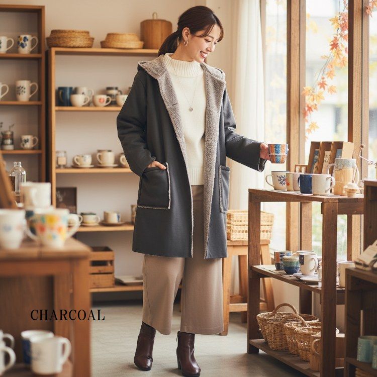 レディースファッション 軽くてあったか 裏ボア フーディーコート 6