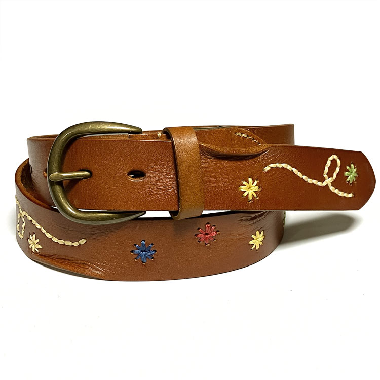 メンズセレクト 手縫い花柄ステッチ レザーベルト (ブラウン