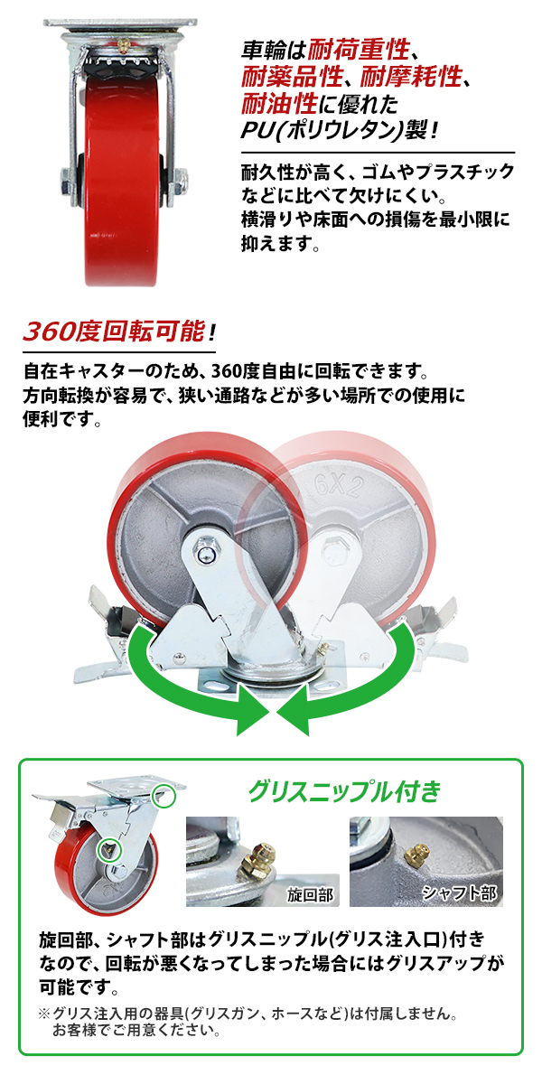 キャスター 自在キャスター 重量用 PU製 ストッパー付き 4個セット