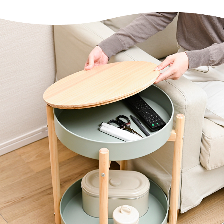 天板下に収納 キャスター付き サイドテーブル 円形 かわいい おしゃれ