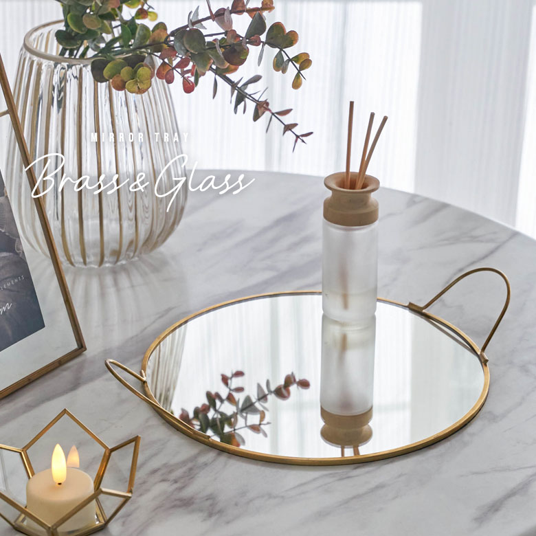 ELEMENTS ミラー トレー トレイ 鏡 ガラス 真鍮 ゴールド 直径22cm