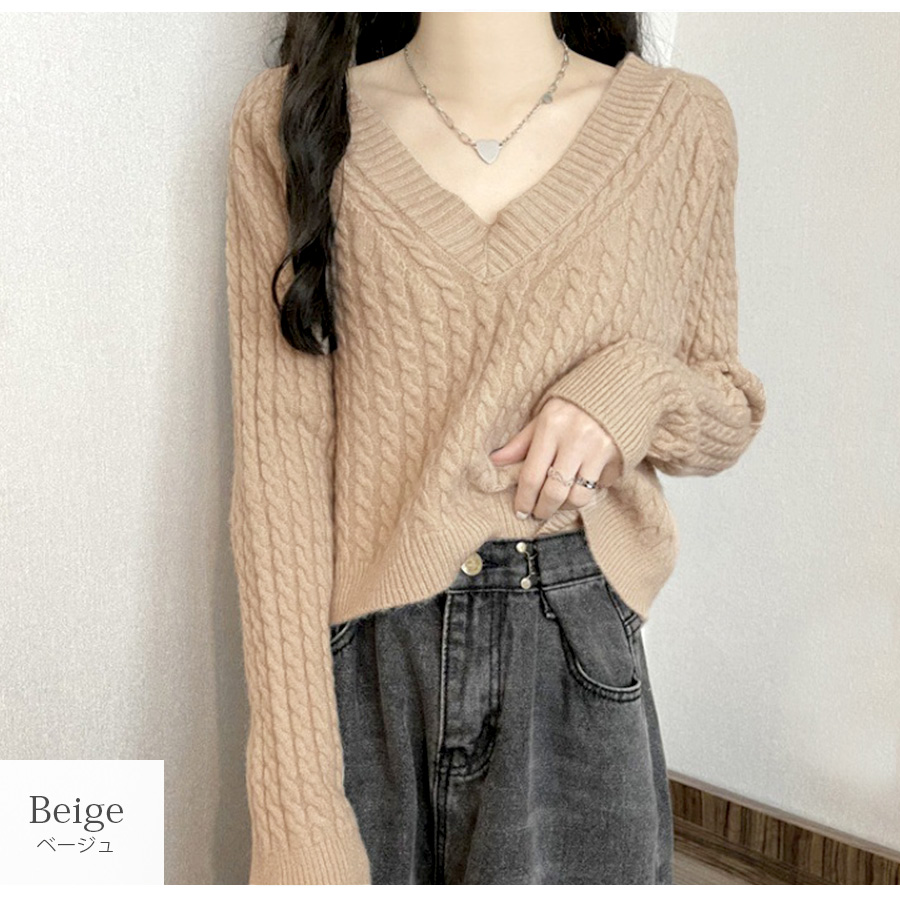 ニット トップス 長袖 Vネック ショート丈 セーター 韓国ファッション