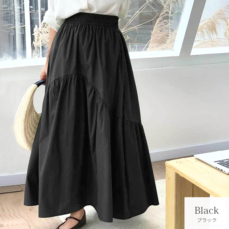 ギャザー切り替え ロングスカート ボトムス ロング丈 レディース 春 夏
