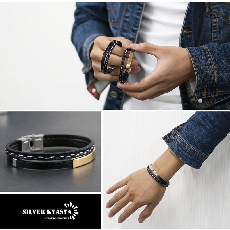 ステンレス レザーバングル PU合皮 ブレスレット リスト バンド