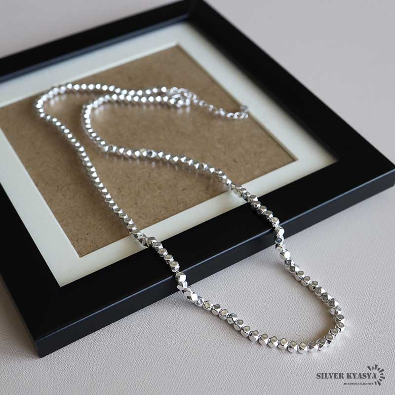 シルバー925 多角形ビーズチェーンネックレス 多角形ストーンチェーン