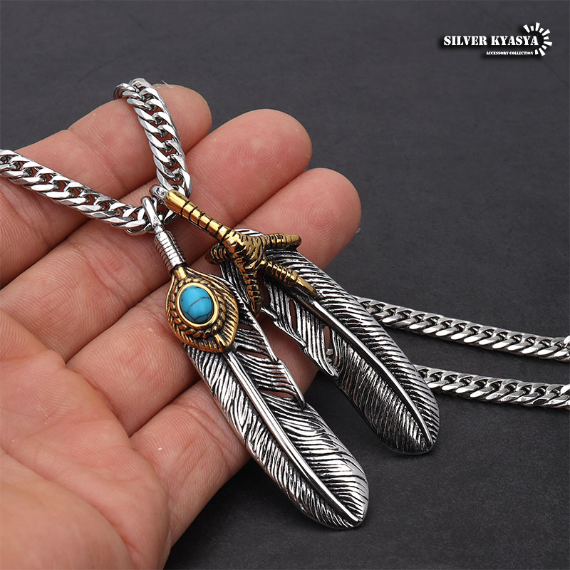 ステンレス ダブルフェザーネックレス ターコイズ イーグルネックレス