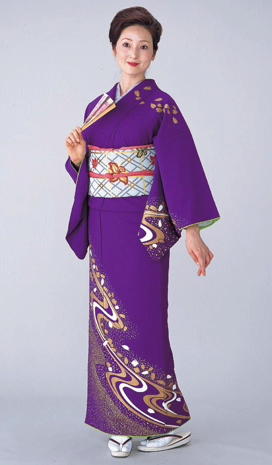 訪問着 胴抜き 女性 踊り 絵羽 洗える着物 紫 流水 花筏 : カメヤ