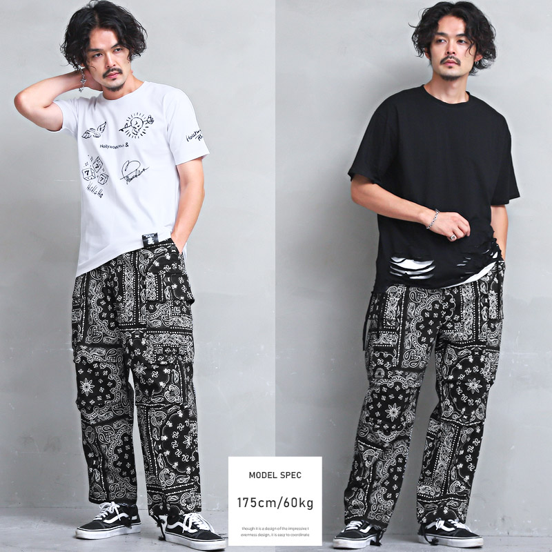 カーゴパンツ メンズ 総柄 ペイズリー バンダナ柄 ワイド ポケット