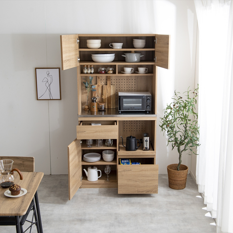 食器棚 幅 90cm キッチンボード ステンレストップ レンジ台 家電ラック