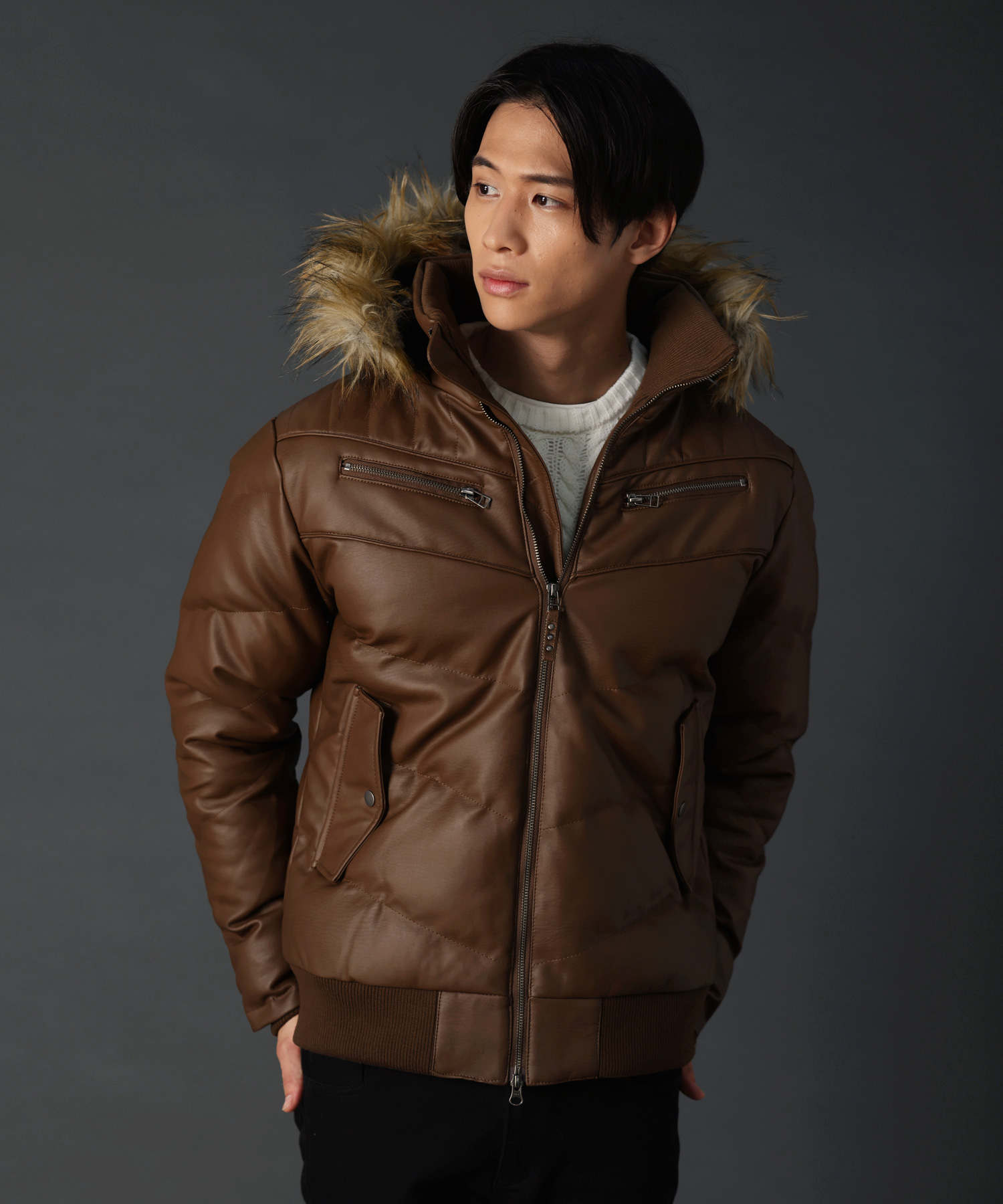 SPU（スプ） ダウンジャケット メンズ 合皮フェイクファー バイカー