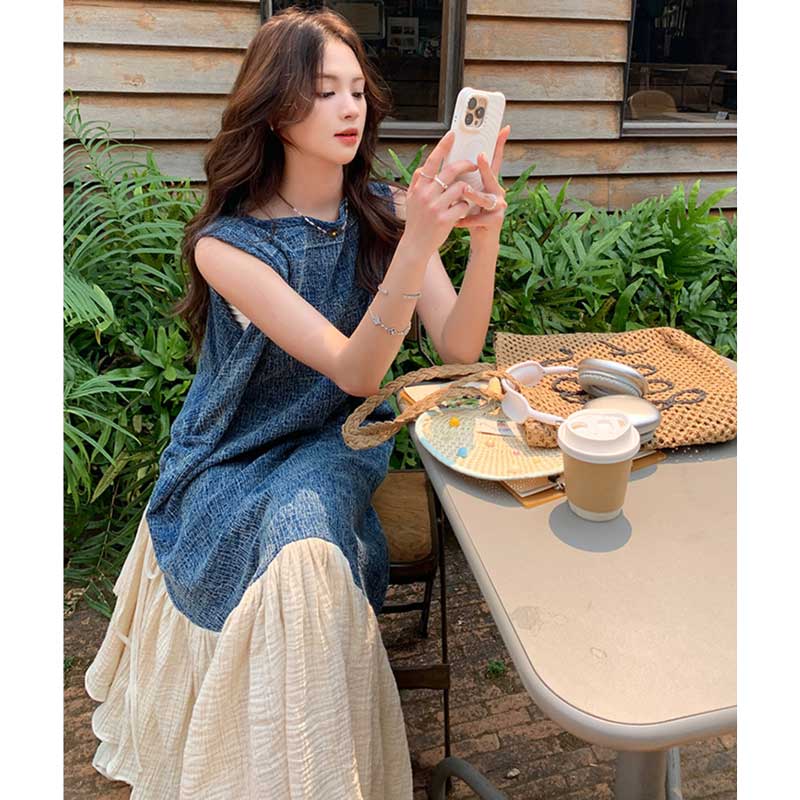 異素材切り替えロングワンピース（青）春/夏 異素材の組み合わせがおしゃれ